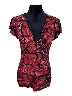 Vtg JKLA Top Womens M Red Geometric V Neck Flutter Sleeve Stretch Y2K Babydoll